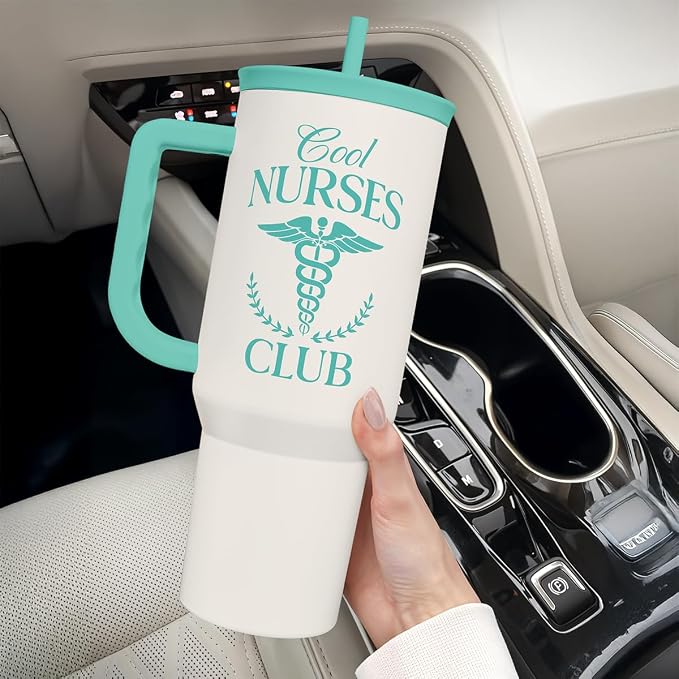 SANDJEST Nurse Gift for Women, Nutrition Facts Tumbler with Handle, Insulated Stainless Steel Travel Coffee Mug for Nursing Friends, Aprreciation Gifts for Nurse Week, Birthday, Christmas, 40oz