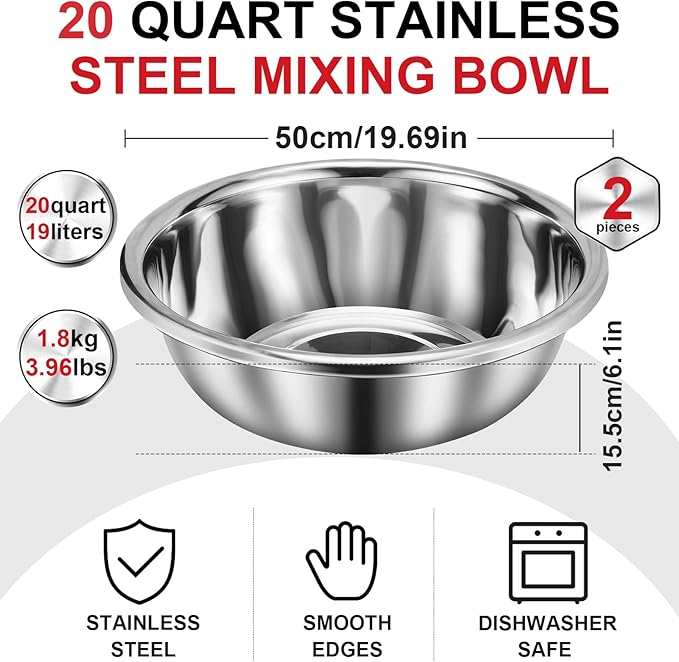 FillTouch 2 Pack Large Mixing Bowl 20 Qt Oversized All Purpose 304 Stainless Steel Polished Mirror Flat Base Metal Bowl for Home or Commercial Prepping Baking Mixing Marinating