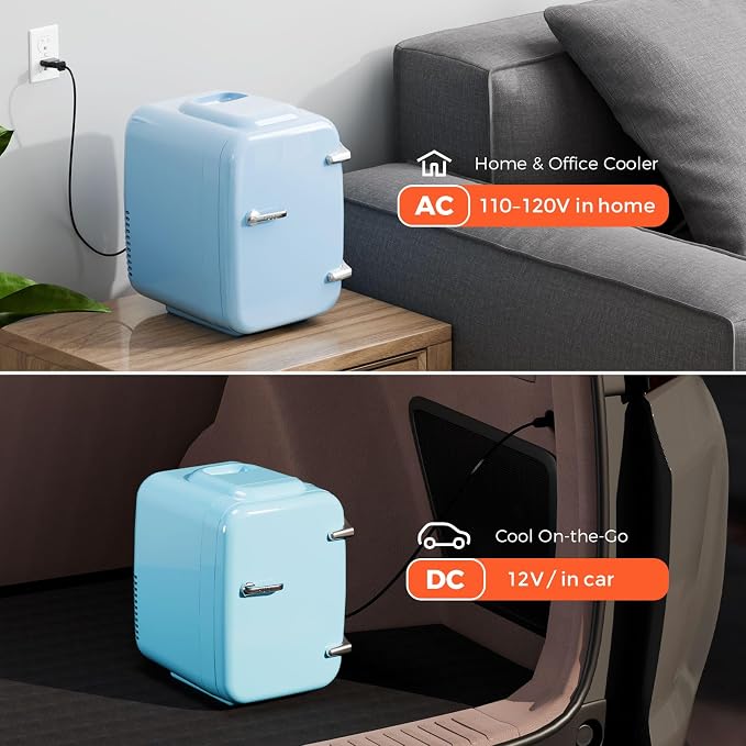 Mini Fridge for Bedroom - 4 Liter/6 Can Mini Makeup Fridge, 110V AC/ 12V DC Portable Thermoelectric Cooler&Warmer for Skincare, Drink, Cosmetic, Medicine, Small fridge for Bedroom, Office, Dorm, Car
