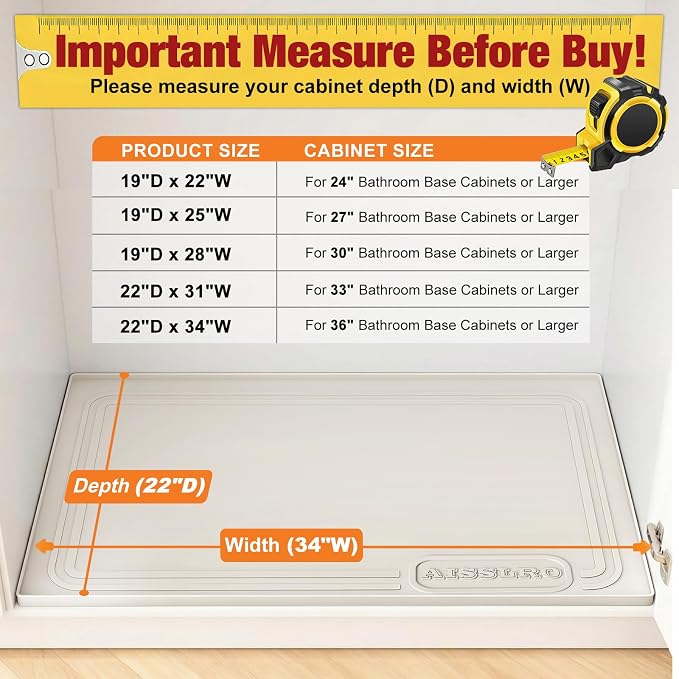 Aisslro Under Sink Mat 34" X 22", Waterproof Silicone Cabinet Organizer Protector with Raised Edge, Kitchen & Bathroom Leak Tray, Shelf Liner & Pet Feeding Mat for Dog Cat Food Mats, Beige