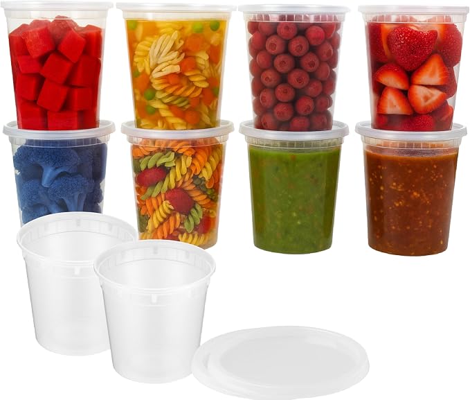 24oz [12 set] Heavy Duty Plastic Deli Container | BPA-Free Food Storage with Airtight Leak‑Proof Lids | Microwave, Freezer & Dishwasher Safe – Stackable, Bulk Reusable Soup & Meal Prep Tub