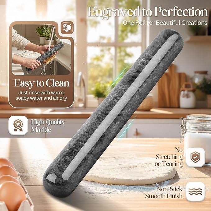 Flexzion French Rolling Pin, 12 Inch Black Marble Rolling Pins for Baking with Wooden Base Holder Stand - Non-Stick Baking Roller for Baking Fondant, Crust, Pastry, Cookies, Pizza, Pasta