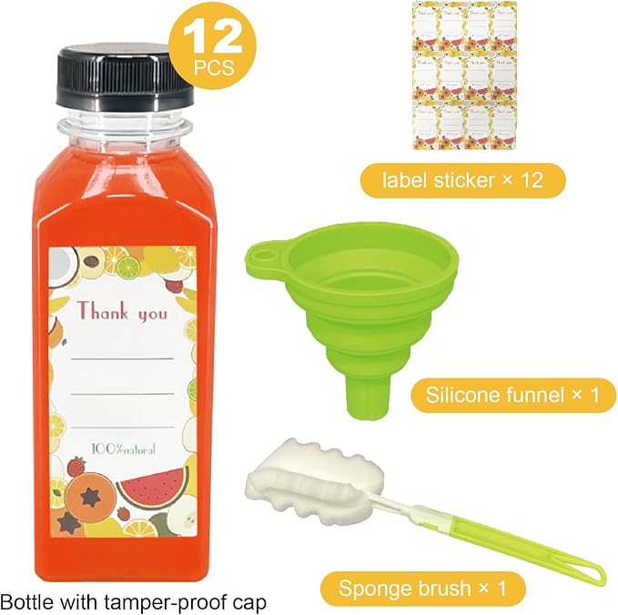 12 Pack 12oz Clear Reusable Plastic Juice Bottles with Caps, Food Grade BPA-Free Leak Proof Juicing Containers with 12 Labels & brush& Silicone Funnels for Homemade Juice, Smoothies & Travel