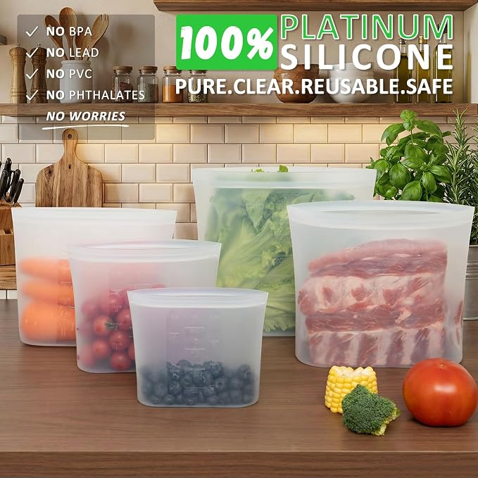 Premium Silicone Reusable Storage Bags, Large-Size Set, 8 Pack, 100% Platinum Silicone Food Storage Bag Stand-Up Wide-Mouth Zip-Lock, Microwave Dishwasher Freezer Safe, 4 XL + 4 L, Crystal-Clear