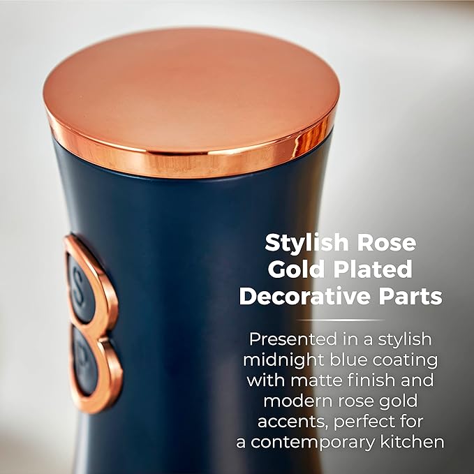 Tower T847004MNB Electric Salt and Pepper Mills, Battery Operated with Adjustable Ceramic Grinders, Midnight Blue and Rose Gold