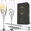 Wedding Cake Knife and Sever Set, Mr and Mrs Champagne Flutes and Cake Cutting Set for Bride Shower Engagement Gfits for Couples