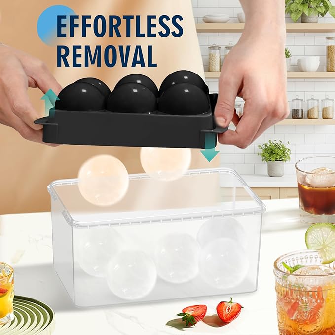 Large Ice Ball Maker Mold, 1.9" Round Ice Cube Mold for Whiskey Bourbon Cocktail, 6 Balls, Sphere Ice Mold, Big Ice Cube Tray with Container and Tongs, Easy to Fill & Release
