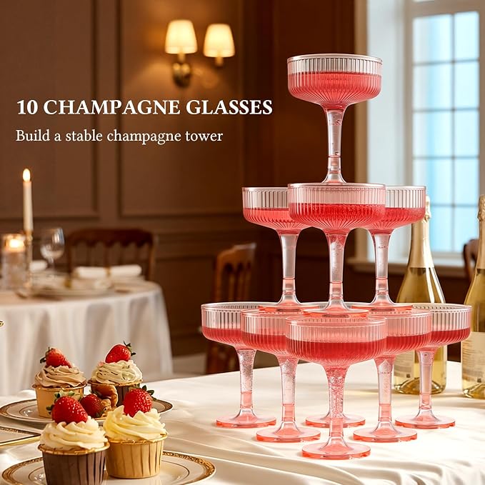 Goodluck 3-Tier Champagne Glasses - 10 PCS 7oz Pink Plastic Champagne Flutes, Plastic Coupe Glasses with Vertical Stripes for Weddings, Celebrations, Parties & Birthdays