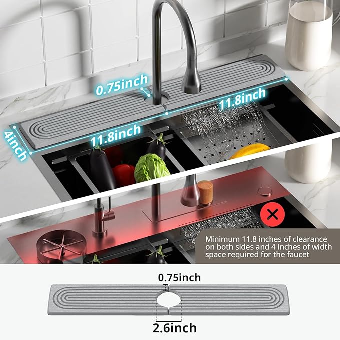 Quick Dry Sink Splash Guard - 23.6" Extended Diatomaceous Earth Faucet Mat - Instant Dry Stone Tray for Kitchen & Bathroom Countertops - Gray