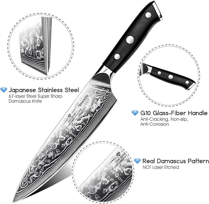 SHAN ZU Damascus Knife Set, Japanese Super Steel 3 PCS Damascus High Carbon Professional Ultra-Sharp Kitchen Chef Knife Set with G10 Handle Gift Box