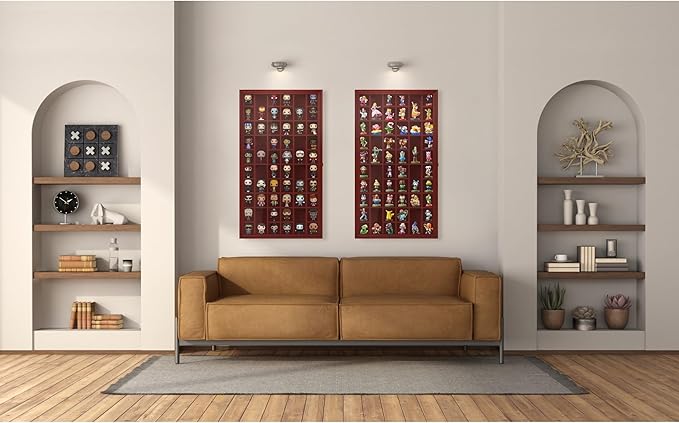 Shot Glass Display Cabinet Solid Wood - Large Display Case for Collectibles | Man Cave Accessories | UV Protection Acrylic Door | Wall Mounted Black Shadow Box | 52 Slots | 32"x17" Mahogany