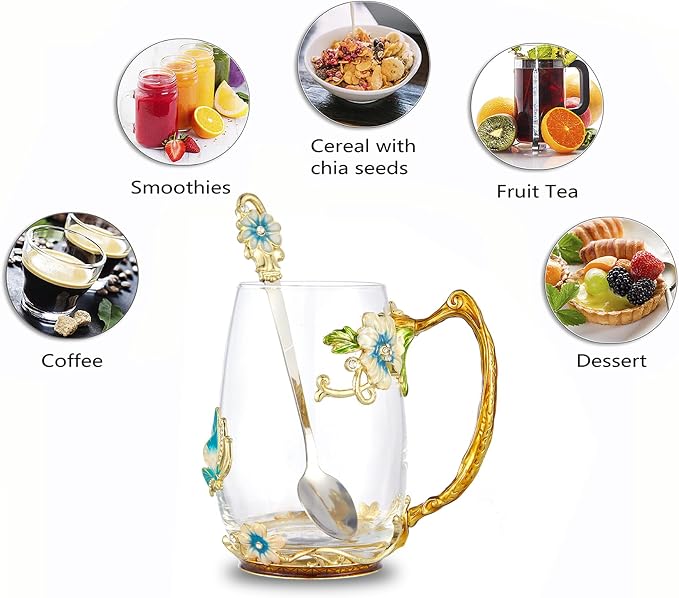 Tea Cup Glass Coffee Mugs,Fancy Tea Cup Set Birthday Gift Idea for Tea Lover and Man & Women Novelty Coffee Mugs Rose Flower Enamel Cup with Spoon