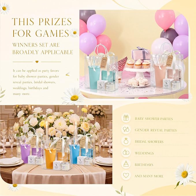 Nuogo 12 Sets New Parent Shower Prizes for Player Winners Adult, Wedding Bridal Shower Gift, Plastic Tumbler Notebook Scented Candle Ballpoint Pen Bag (Colorful,Classic Style)