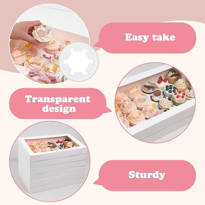 TOMNK 6 Pack Cupcake Boxes with Window for 24 Standard or Mini Cupcakes, White Cupcake Containers with Window for Birthday Holiday Party and Grad Party Dessert Packaging (17.5x11.5x4 Inch)