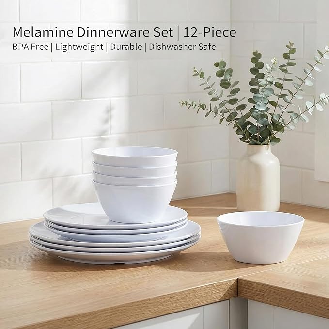 Melamine Dinnerware Set - 12pcs Plates and Bowls for 4,Durable Melamine Dishes Set for Everyday Use, Lightweight & Dishwasher Safe,White