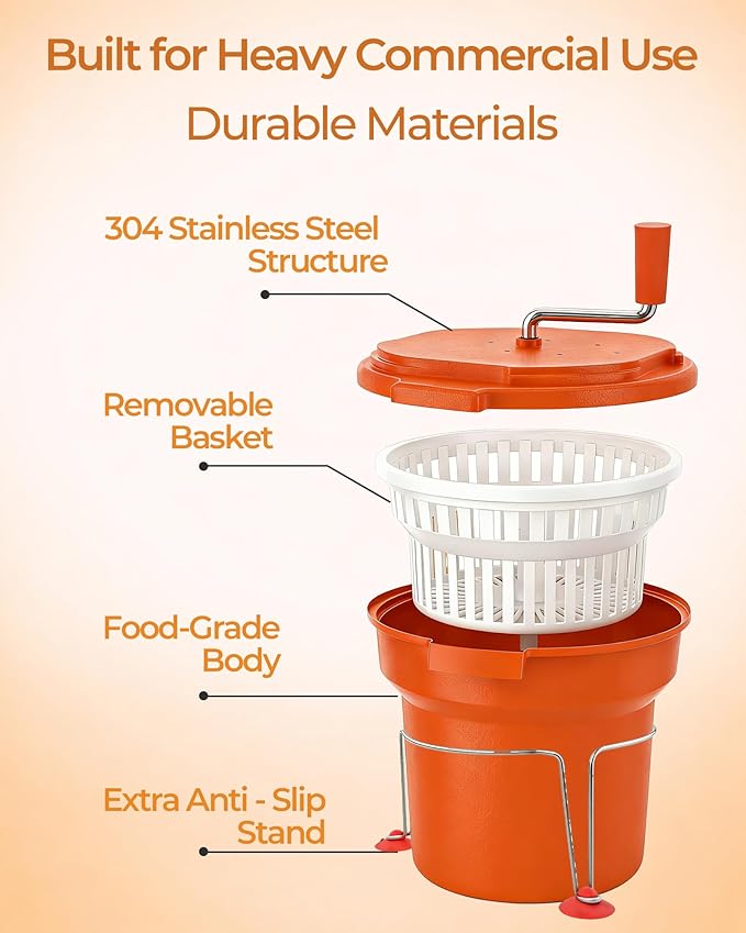 Commercial Salad Spinner - 6 Gallon Salad with Stand Dryer w/Silicone Anti-slip Mat & Draining Hose, 24Qt Manual Salad Spinner for up to 7 Heads of Lettuce Spinner Large for Catering