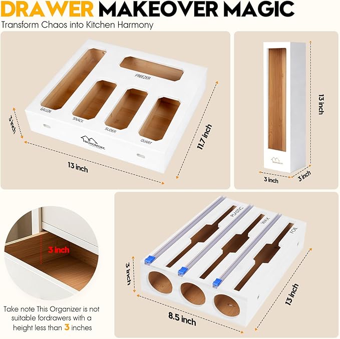 9 in 1 Foil and Plastic Wrap Dispenser with Cutter, White Bamboo Ziplock Bag Organizer for Drawer - Holds Gallon, Quart Bags & Aluminum Foil/Wax Paper, Wall Mountable Kitchen Storage