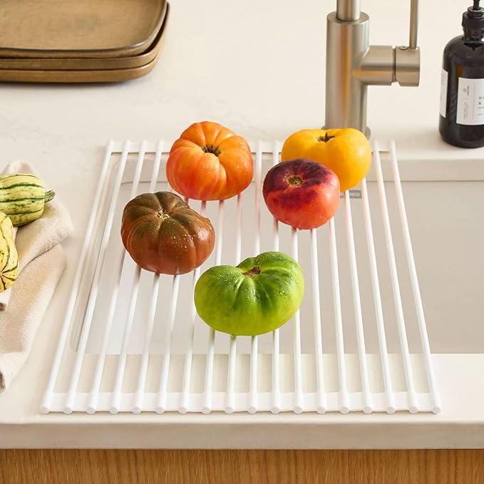 HUHJYUGE Roll Up Dish Drying Rack, Kitchen Sink Dish Drying Rack, Over The Sink Drying Rack Roll Up, Foldable Silicone Dish Drainer for Kitchen, for Plates, Cups, Bowls (B 52x33.5cm)