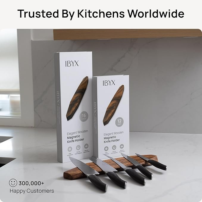Ibyx Acacia Magnetic Knife Strip - Knife Holder for Counter - Universal Magnetic Knife Holder Fits All Knife Sets - Modern Kitchen Knife Storage - Solid Wood & Strong Magnets (12 Inches)