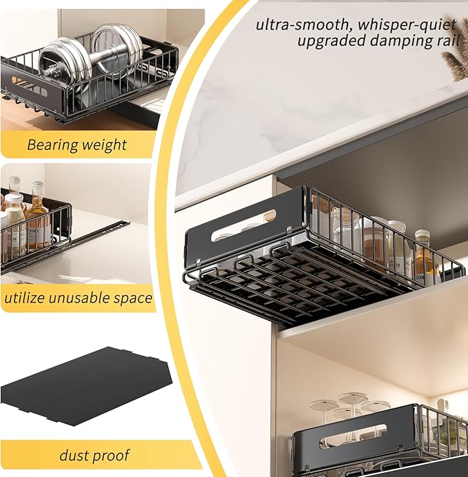 PureBox Pull Out Cabinet Organizer, Slide Out drawers for cabinets, Heavy Duty Carbon Steel Roll Out Shelves for kitchen, bathroom, pantry (14.7’’-23.1’’ Slide, Adhesive & Screw), Black (2)