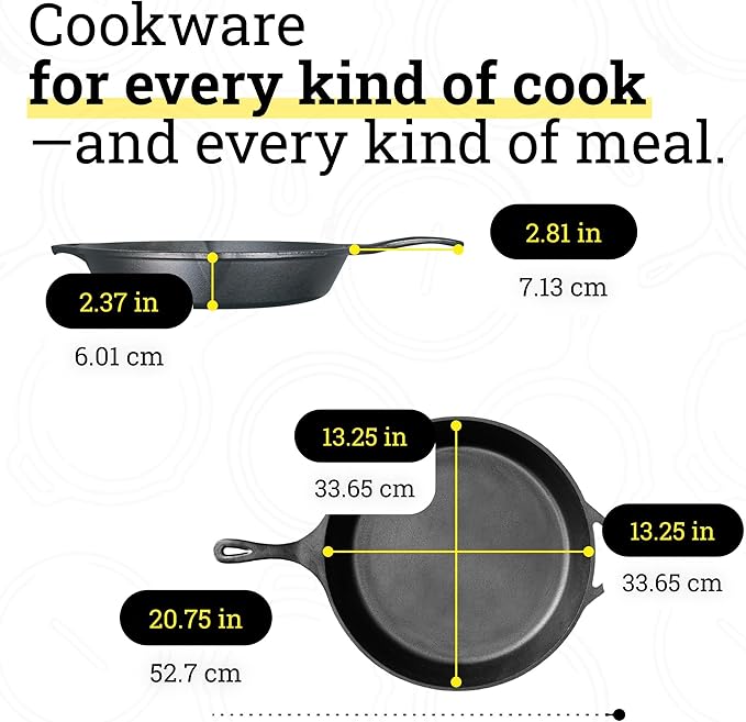 Lodge Seasoned Cast Iron Skillet - PFAS-Free, Non-Toxic Cookware - Use with an Oven, Stove, Grill, or Campfire - Naturally Non-Stick & Oven Safe - 13.25 Inches