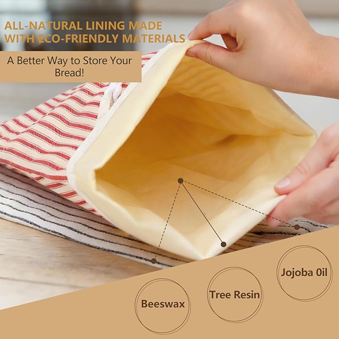 Reusable Beeswax Bread Bags for Homemade Bread & Sourdough, 2-Pack XL Airtight Food Storage Bags, Organic Cotton Linen Covers - Freezer-Friendly Freshness Preservation Keeps Fresh Longer