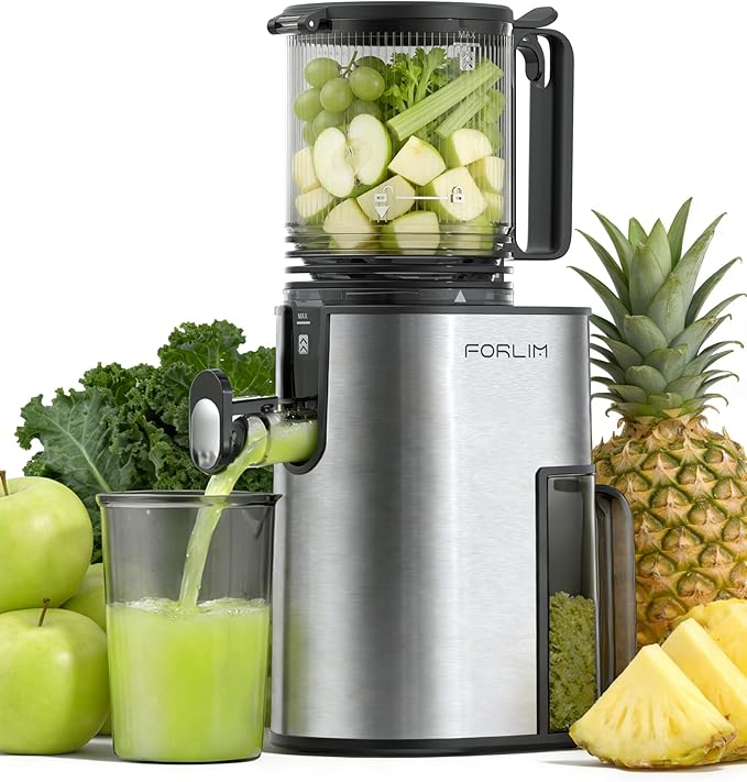 FORLIM Masticating Juicer with Extra-Wide 5.2" Feed Chute, Slow Cold Press Technology for Whole Fruits & Vegetables, BPA-Free & Easy Assembly, Maximum Nutrient Extraction Home Juicer, Metallic Silver