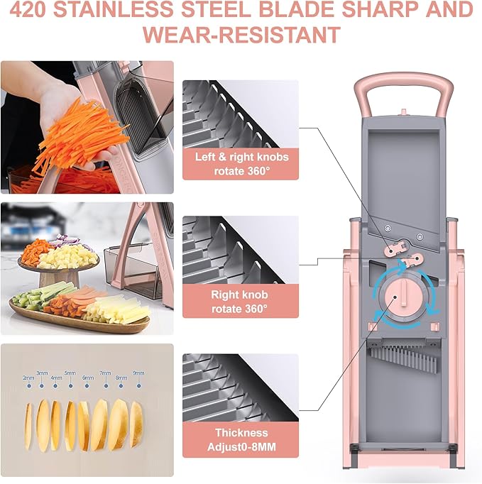 [All in 1] Upgraded Version Safe Mandoline Slicer for Kitchen, Adjustable Thickness. Veggie Slicer, Rapid Prep Mandoline, Detachable Blade, Cleaning Brush/Paring Knife (GrayPink)