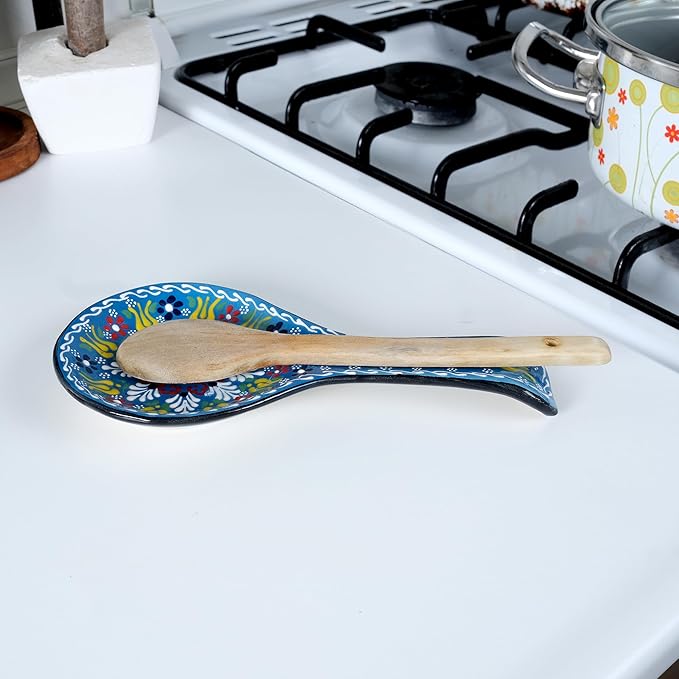 BCS Spoon Rest Set of 2 - Ceramic Spoon Holder for Stovetop & Kitchen Counter - Dishwasher Safe Handmade Kitchen Utensil (Blue-Red 4.5” W x 9" L)