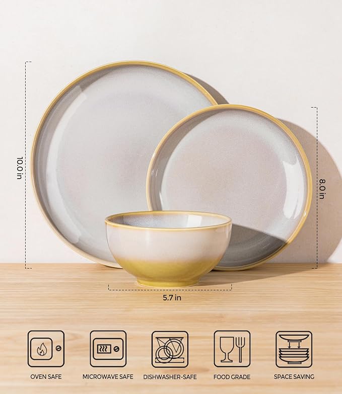 TheTerra Stoneware Dinnerware Sets for 4, 12 Pieces Ceramic Plates and Bowls Sets, Scratch Resistant Dish Set, Oven, Microwave & Dishwasher Safe, Autumn Haze