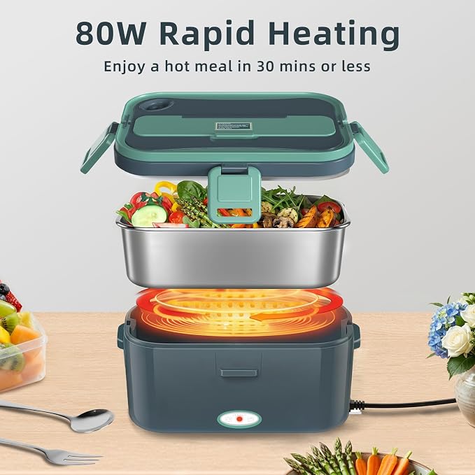 Electric Lunch Box for Adults, 80W Heated Lunch Box For Men, 1.8L 304 Stainless Steel Container, 12V/24V/110V Portable Food Warmer for Car Truck Work & Travel, Lonchera Elctrica (Green)