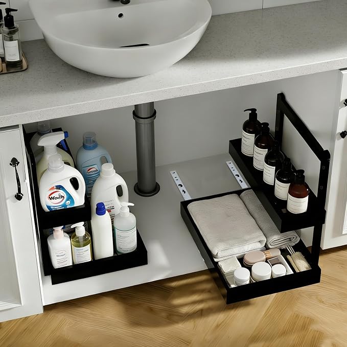 Bamboo Undersink Organizer Storage - 2-Tier Cabinet Shelf with Adjustable Levels, Under Sink Storage Slide Out for Cabinet Pantry Kitchen Bathroom (Black, 2 Packs)