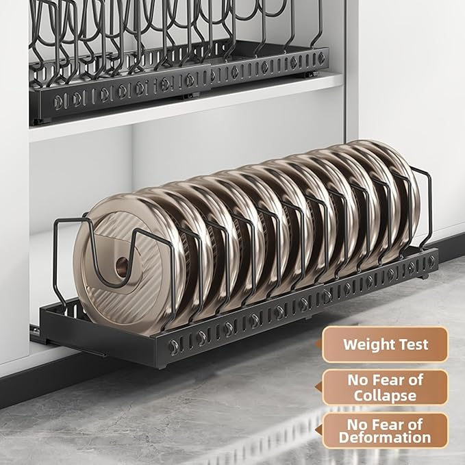 pots and pans organizer under cabinet,pot lid organizers inside cabinet holders for kitchen,Horizontal and vertical pulling modes,cast iron storage ((2pcs) White vertical)