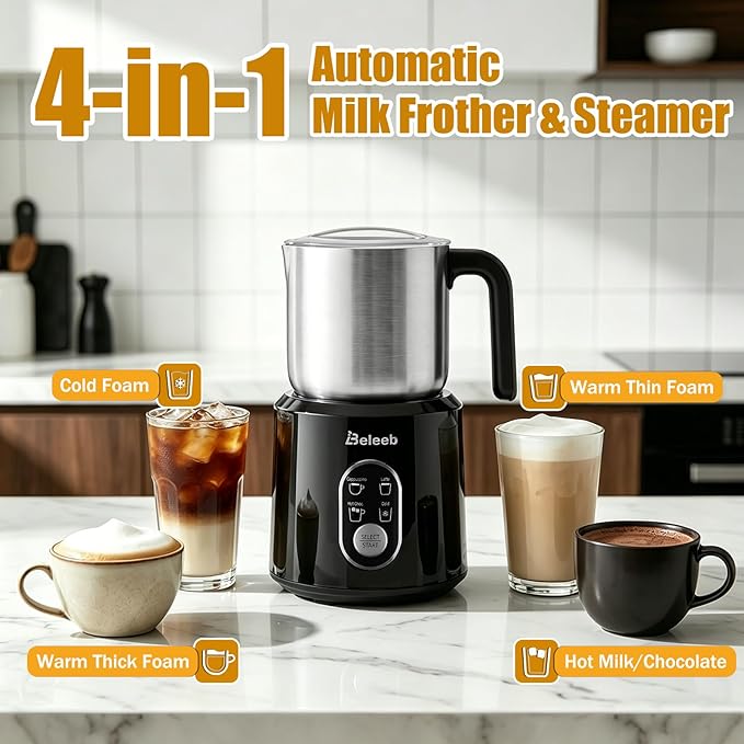 Detachable Milk Frother and Steamer, Dishwasher Safe Stainless Steel Milk Jug, 4-in-1 Electric Automatic Hot/Cold Foam Maker & Hot Chocolate Machine, 11.8oz/350ml, for Latte, Cappuccino