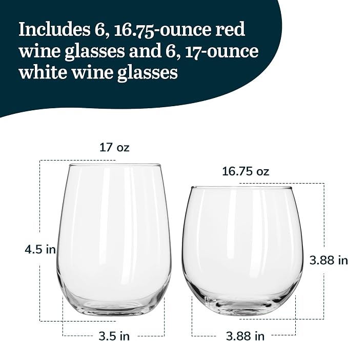Libbey Stemless 12-Piece Wine Glass Party Set for Red and White Wines