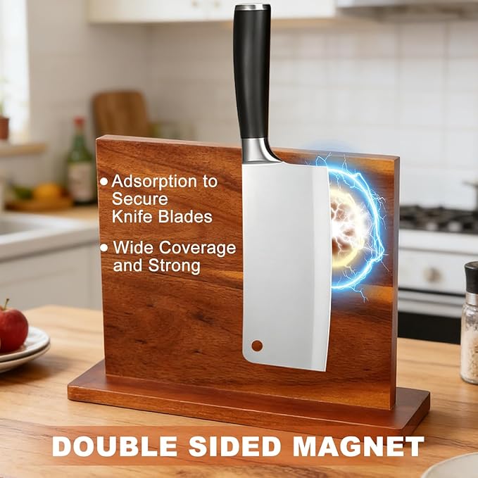 Magnetic Knife Block, Acacia Wood Knife Holder Stand with Strong Magnets, Double Side Knife Storage Rack for Kitchen (Brown)