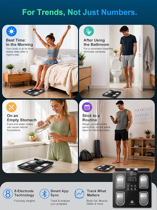 Arboleaf 8-Electrode Body Composition Scale, 5.3" Eye-Level Handle Display, 50+ Metrics Smart Fat Scale for Body Weight, Bluetooth App Sync, 400lb Capacity for Home Gym, Black