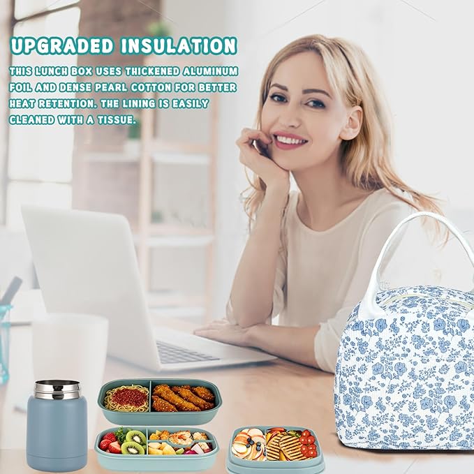 Bento Lunch Box Set for Women, with 12oz Soup Thermo, with Leak-Proof Food Containers, Insulated Lunch Bag for Girls for Travel Picnic