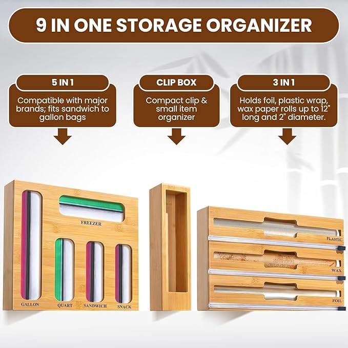 9-in-1 Bamboo Kitchen Drawer Organizer - Storage Bag Holder with Built-In Foil & Wrap Cutter Dispenser - Wooden Food Storage Bag Organizer for Gallon, Quart, Sandwich and Snack Sizes