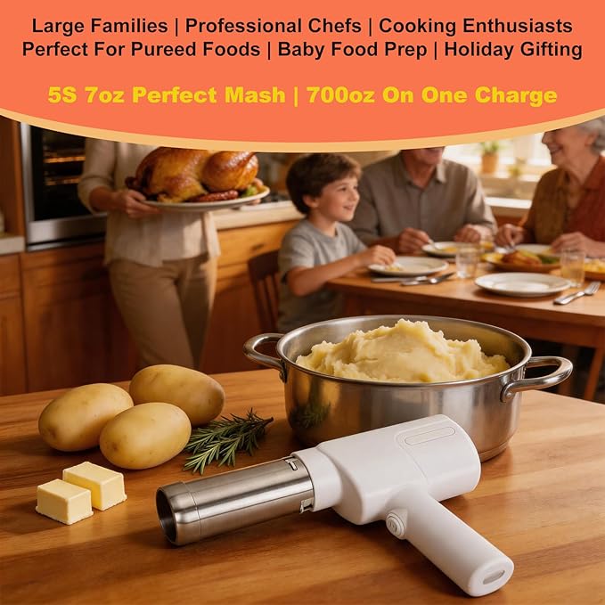 Electric Potato Masher & Ricer, 5-in-1 Handheld with 5 Discs, 5s 7oz Creamy Mash, Food Grade 304 Stainless Steel, Dishwasher Safe, Ideal for Thanksgiving & Homemade Baby Food (Adults Operated)