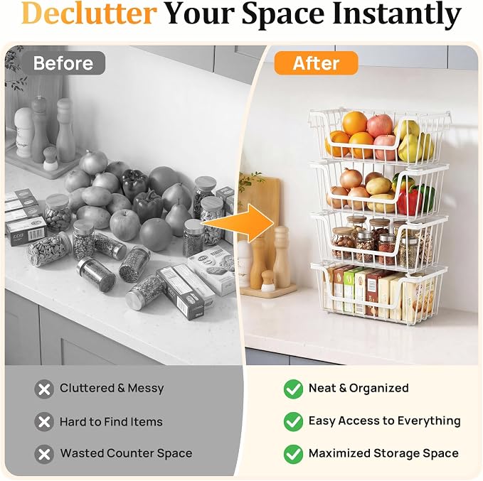SUNALLY Stackable Storage Bins 6 Pcs Wire Baskets for Pantry Organizers and Storage, Vegetable Fruit Storage Basket for Countertop Organizer,Kitchen Storage Baskets for Onion Potato Snack,White
