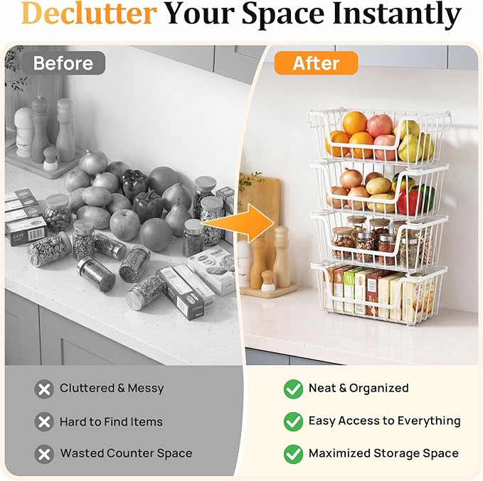 SUNALLY Stackable Storage Bins 4 Pcs Wire Baskets for Pantry Organizers and Storage, Vegetable Fruit Storage Basket for Countertop Organizer,Kitchen Baskets for Onion Potato Snack Cans Storage,White