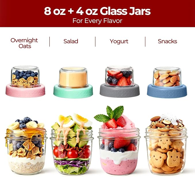Glass Yogurt Parfait Cups with Lids, 8oz+4oz Reusable Overnight Oats Containers (4 Pack), Dual-Layer Leak-Proof Meal Prep Jars, 4 Colors Set for Snacks, Office Lunch — Blue, Gray, Green, Pink