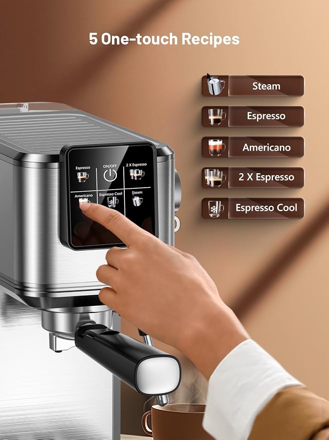 20 Bar Espresso Coffee Machine with Rapid Cold Brew Tech, Milk Frother, Touch Screen Control, Compact Water Tank, Ideal for Lattes, Cappuccinos, Americano, Home & Office(Sliver)