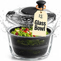 Large 5.2 Qt Glass Salad Spinner Vegetable Dryer with Drain Microwave Safe Dishwasher Safe with Transparent Lid Crank Handle Quick Spin Greens Washer for Lettuce Herbs Fruits (black)