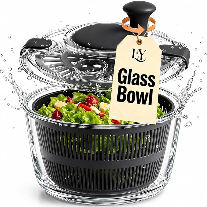 Large 5.2 Qt Glass Salad Spinner Vegetable Dryer with Drain Microwave Safe Dishwasher Safe with Transparent Lid Crank Handle Quick Spin Greens Washer for Lettuce Herbs Fruits (black)