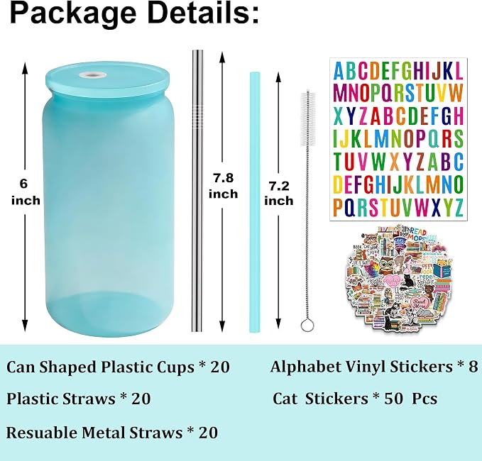 16 oz Plastic Cups Reusable with Lids and Straws & DIY Sticker, 20Pack Acrylic Mason Jars Iced Coffee Drinking Glasses Cup for Park Picnic, Poolside, Party Giveaways, Jelly Color
