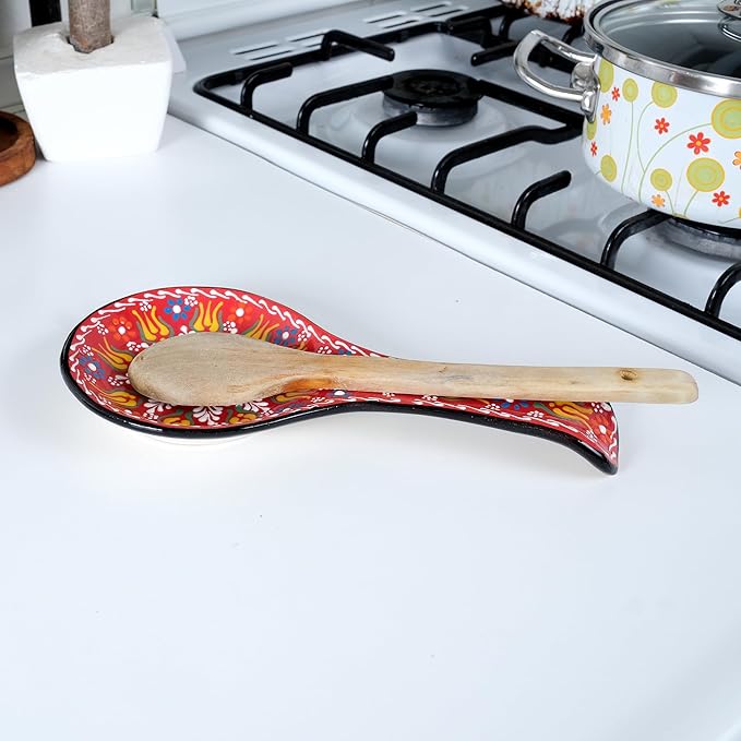 BCS Spoon Rest Set of 2 - Ceramic Spoon Holder for Stovetop & Kitchen Counter - Dishwasher Safe Handmade Kitchen Utensil (Blue-Red 4.5” W x 9" L)