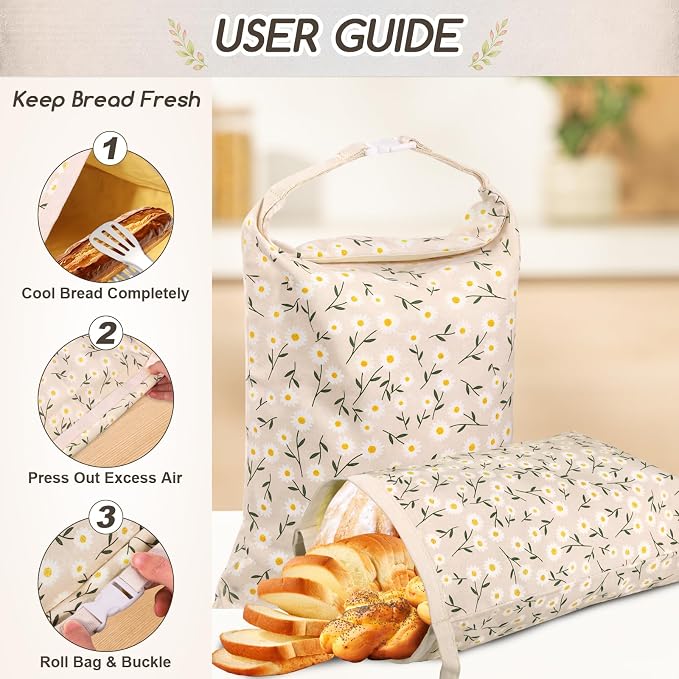 Beeswax Bread Bags for Sourdough, 2 Pack Reusable Bread Bag for Storage XL 17x13 Inch, Daisy Print Bread Bags for Homemade Sourdough - Keep Fresh, Freezer Safe