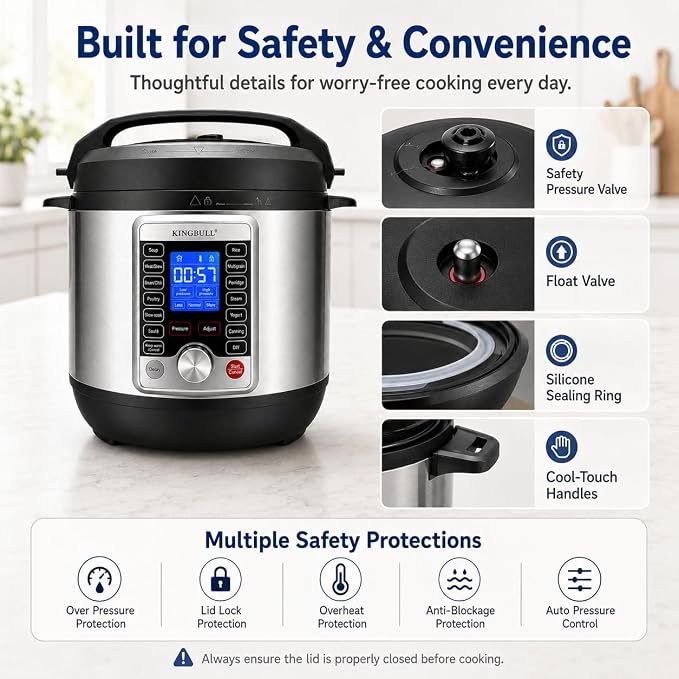 KINGBULL 14-in-1 Electric Pressure Cooker 8 Quart, Stainless Steel Multi Cooker with LCD Display and Knob Control, Slow Cooker, Rice Cooker, Steamer, Sauté, Yogurt Maker, Warmer, DIY Mode